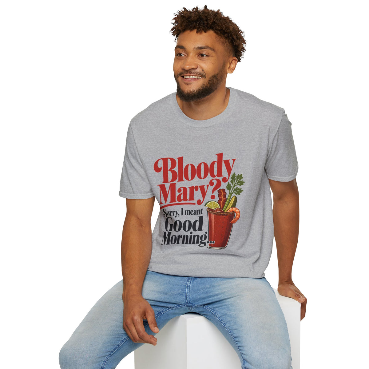 Bloody Mary Shirt, Sport Grey, worn by a model seated on a white block