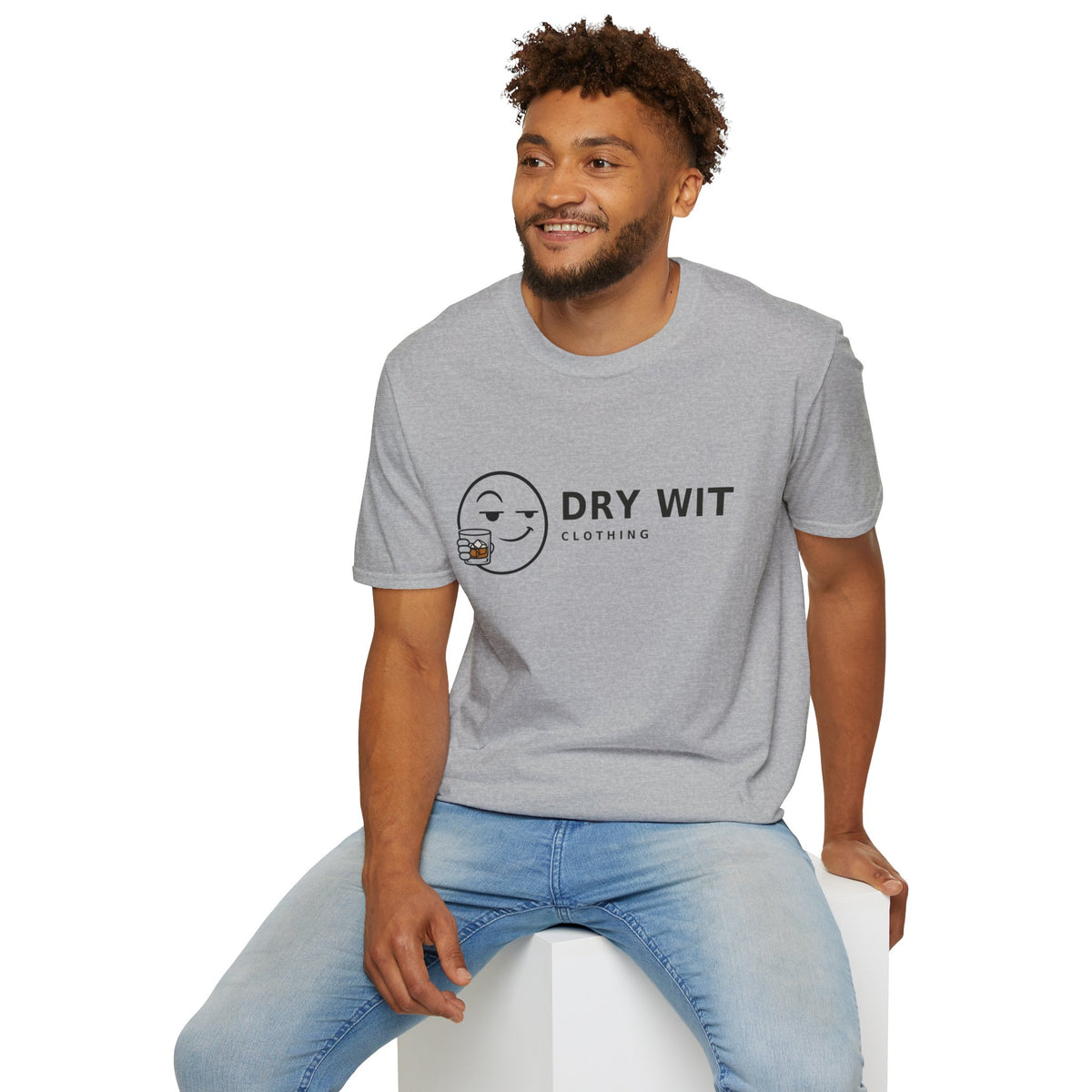 Dry Wit Logo Shirt, Sport Grey, worn by a model seated on a white block