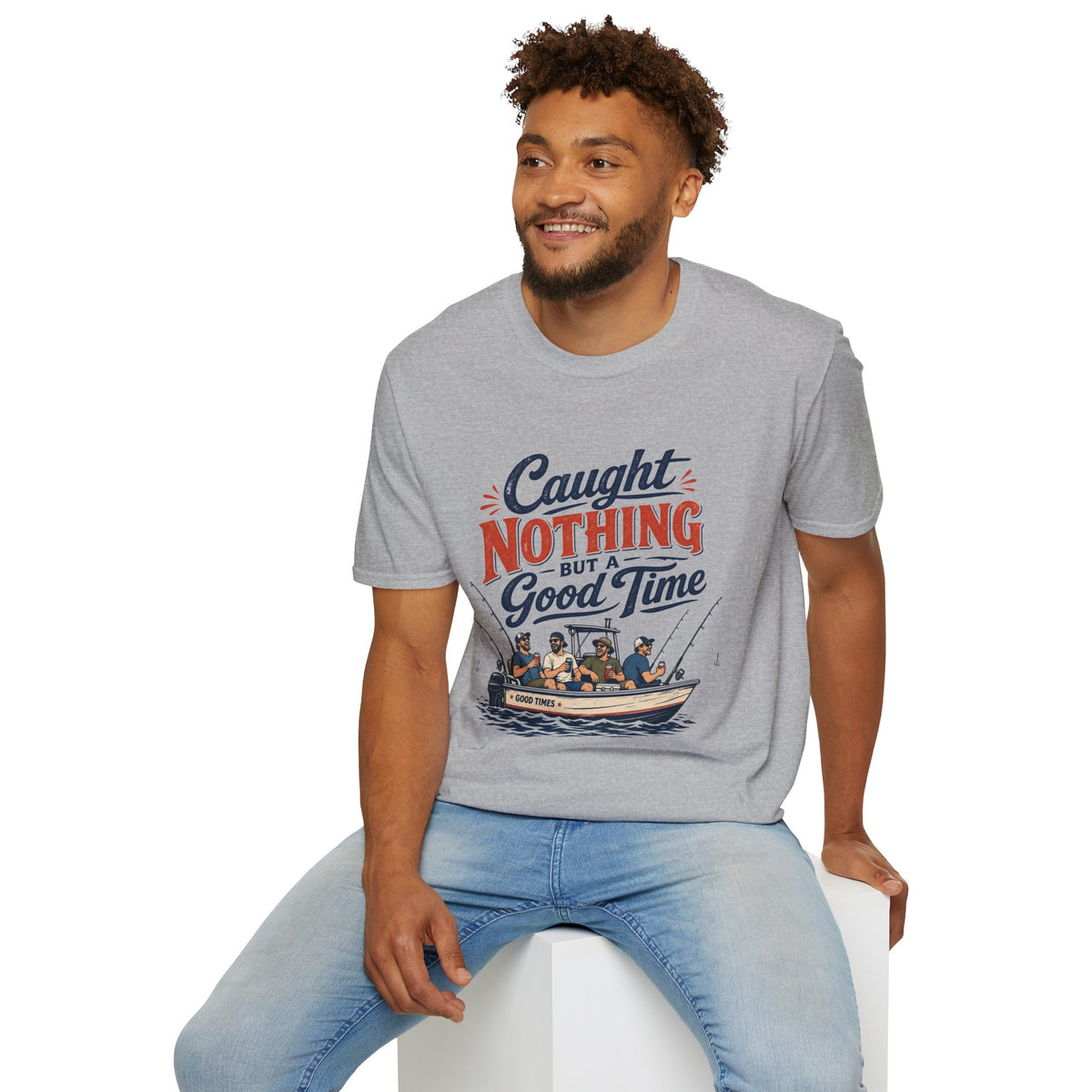 Caught Nothing But a Good Time Shirt, Sport Grey, worn by a model seated on a white block