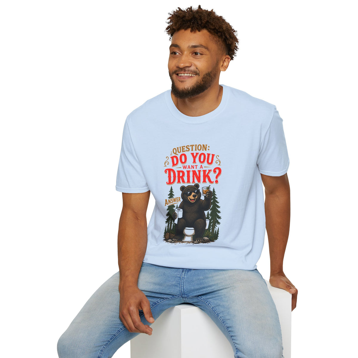 Does a Bear... Want a Drink? Shirt, Light Blue, worn by a model seated on a white block