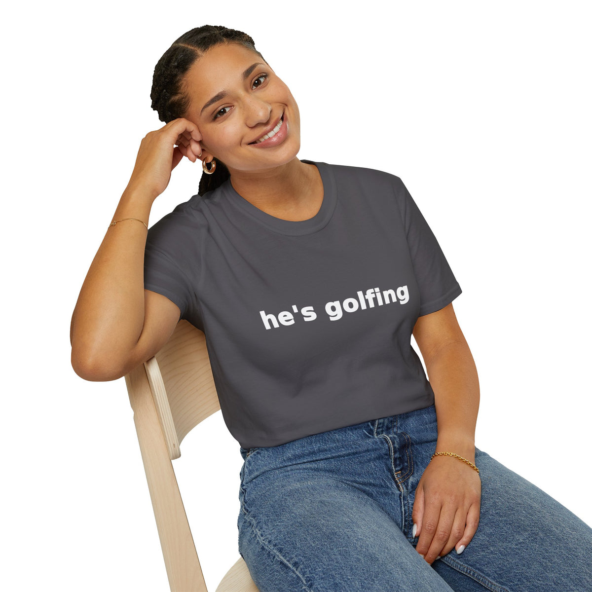 Golf Widow Shirt, Charcoal grey, worn by a model seated on a wooden chair