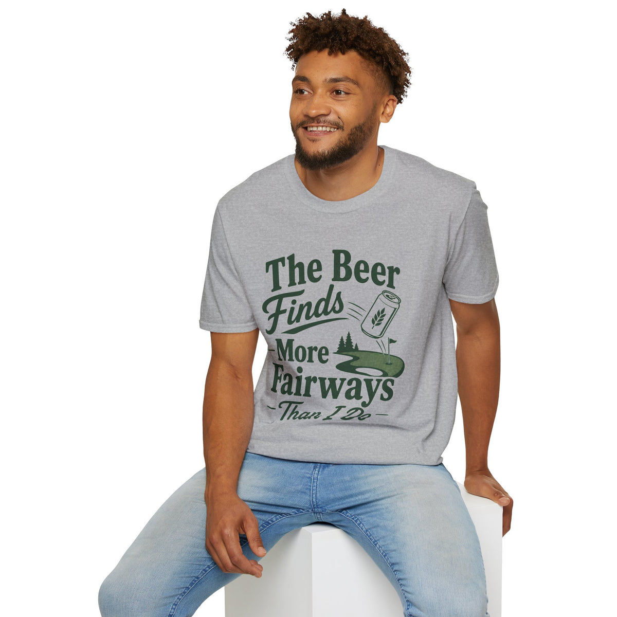 The Beer Finds More Fairways Shirt, Sport Grey, worn by a model seated on a white block