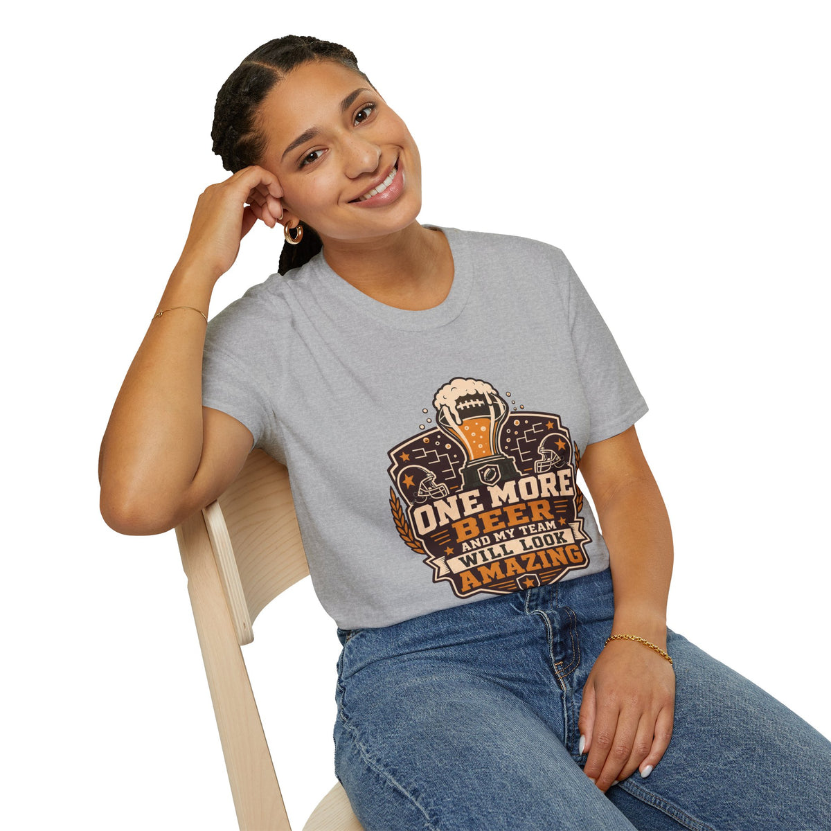 One More Beer Shirt, Sport Grey, worn by a model seated on a wooden chair
