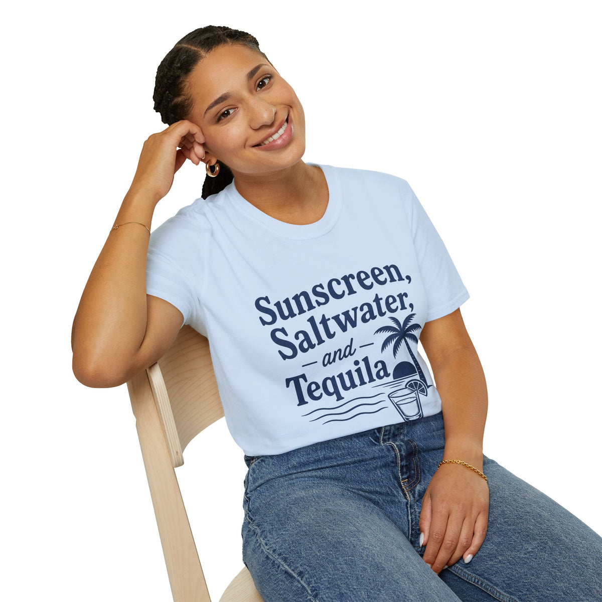 Sunscreen, Saltwater and Tequila Shirt, Light Blue, worn by a model seated on a wooden chair