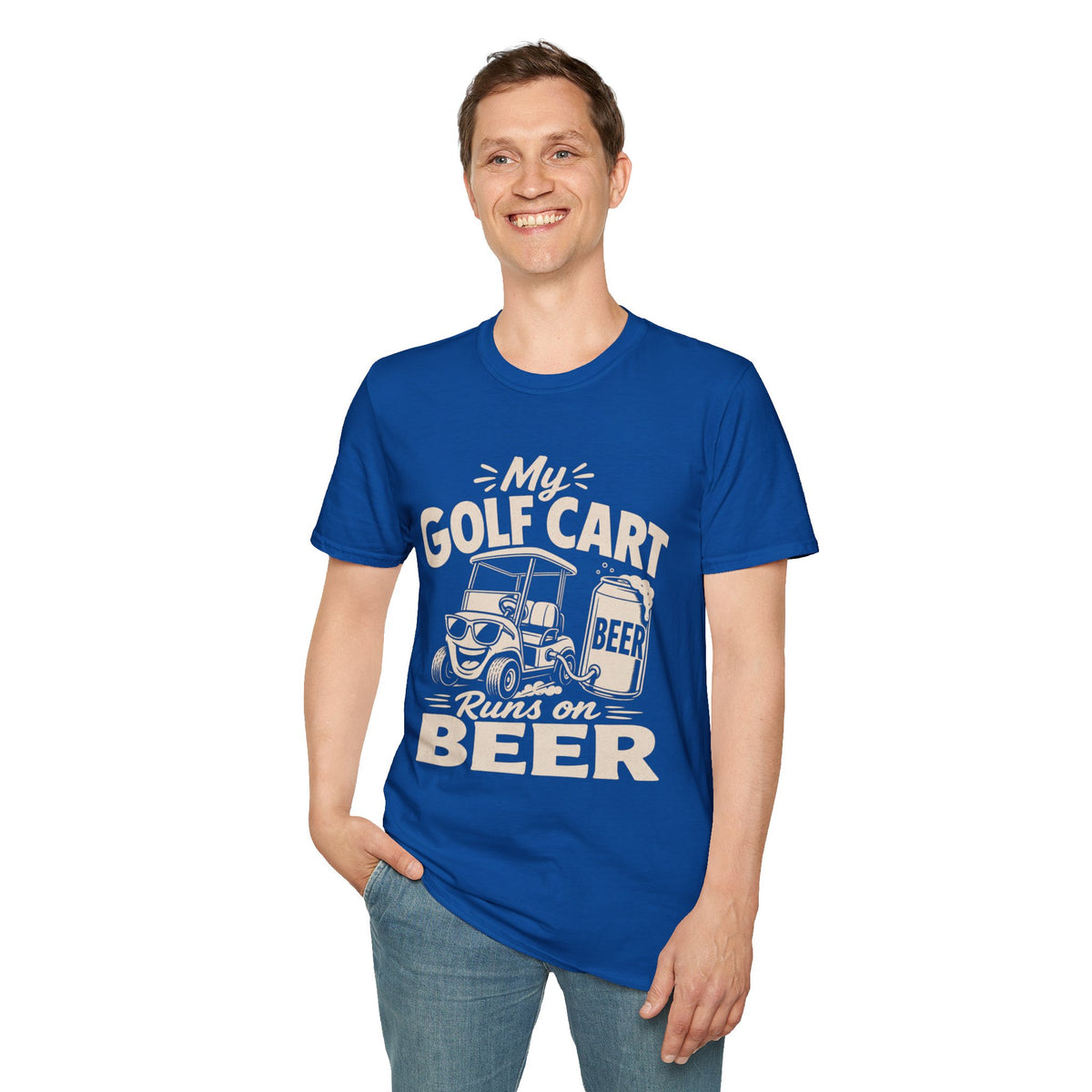 My Golf Cart Runs on Beer Shirt, Royal, worn by a standing model with one hand in their pocket