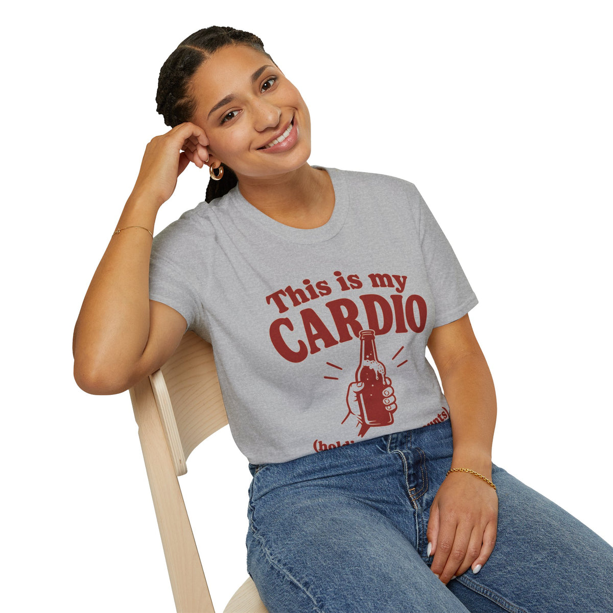 This Is My Cardio Shirt, Sport Grey, worn by a model seated on a wooden chair