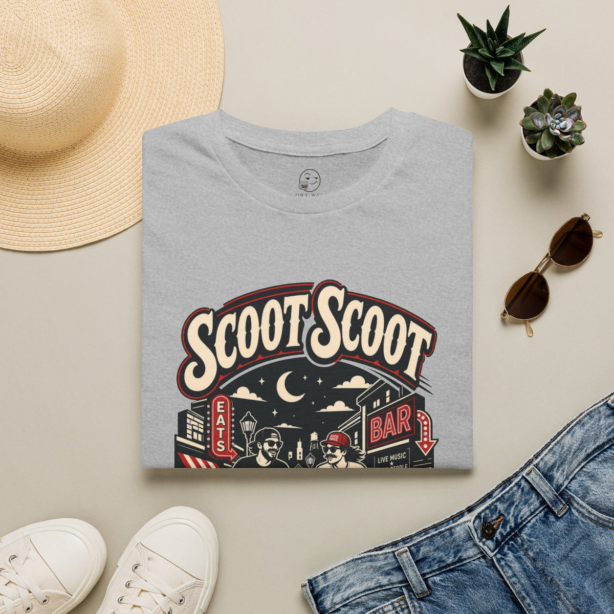 Scoot Scoot Shirt, Sport Grey, folded flat lay styled with a straw hat, sunglasses, sneakers and denim