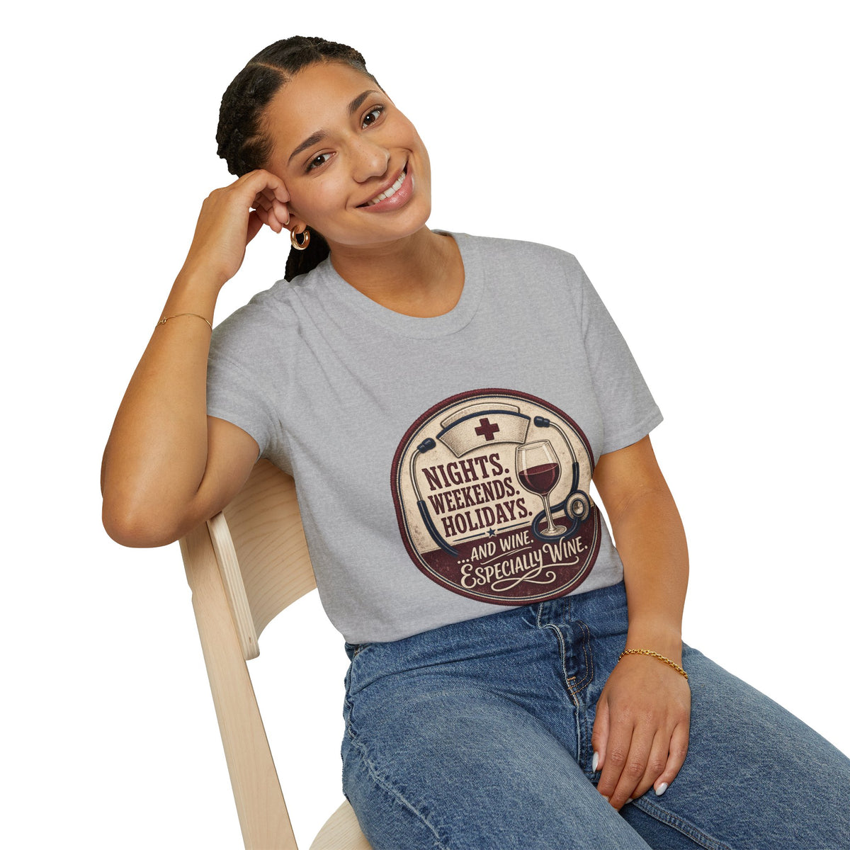 Nights, Weekends, Holidays Shirt, Sport Grey, worn by a model seated on a wooden chair