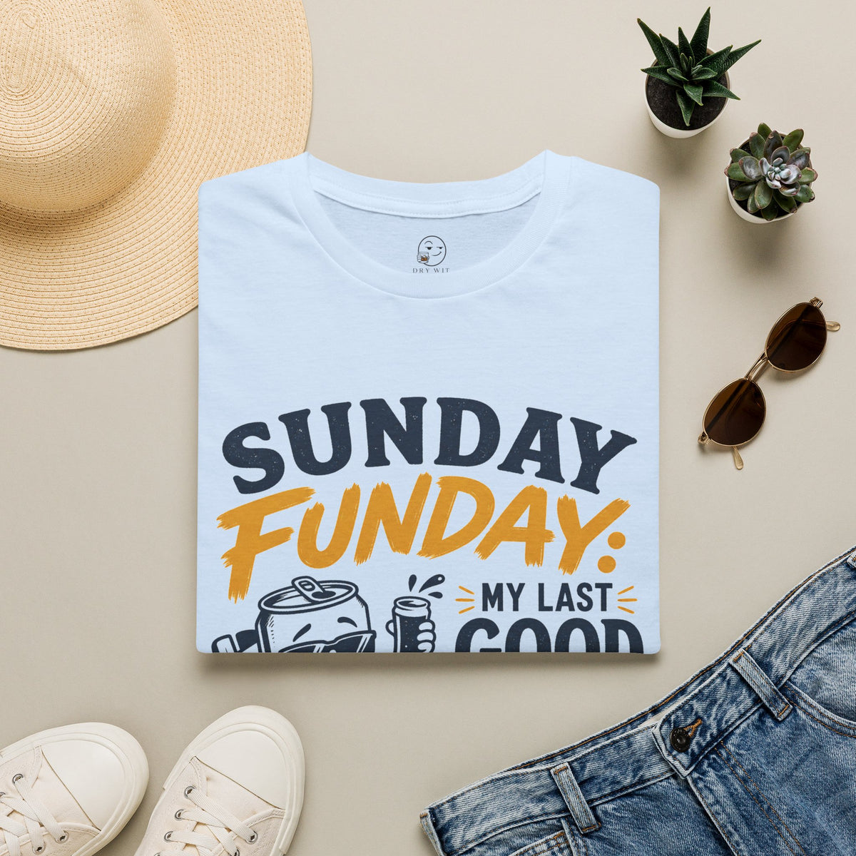 Sunday Funday Shirt, Light Blue, folded flat lay styled with a straw hat, sunglasses, sneakers and denim