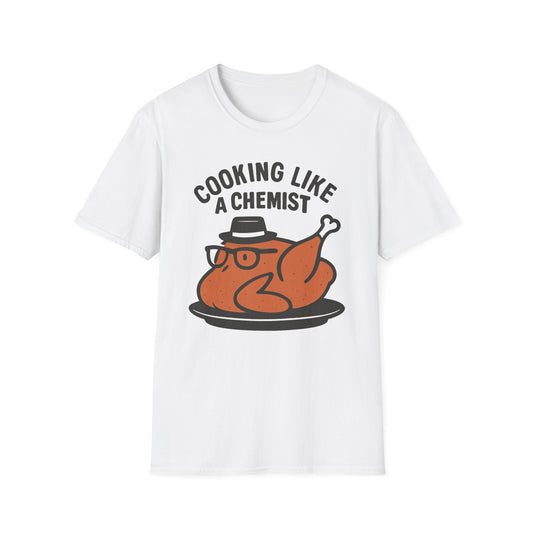 Cooking Like a Chemist funny Thanksgiving turkey t-shirt, White, front flat lay