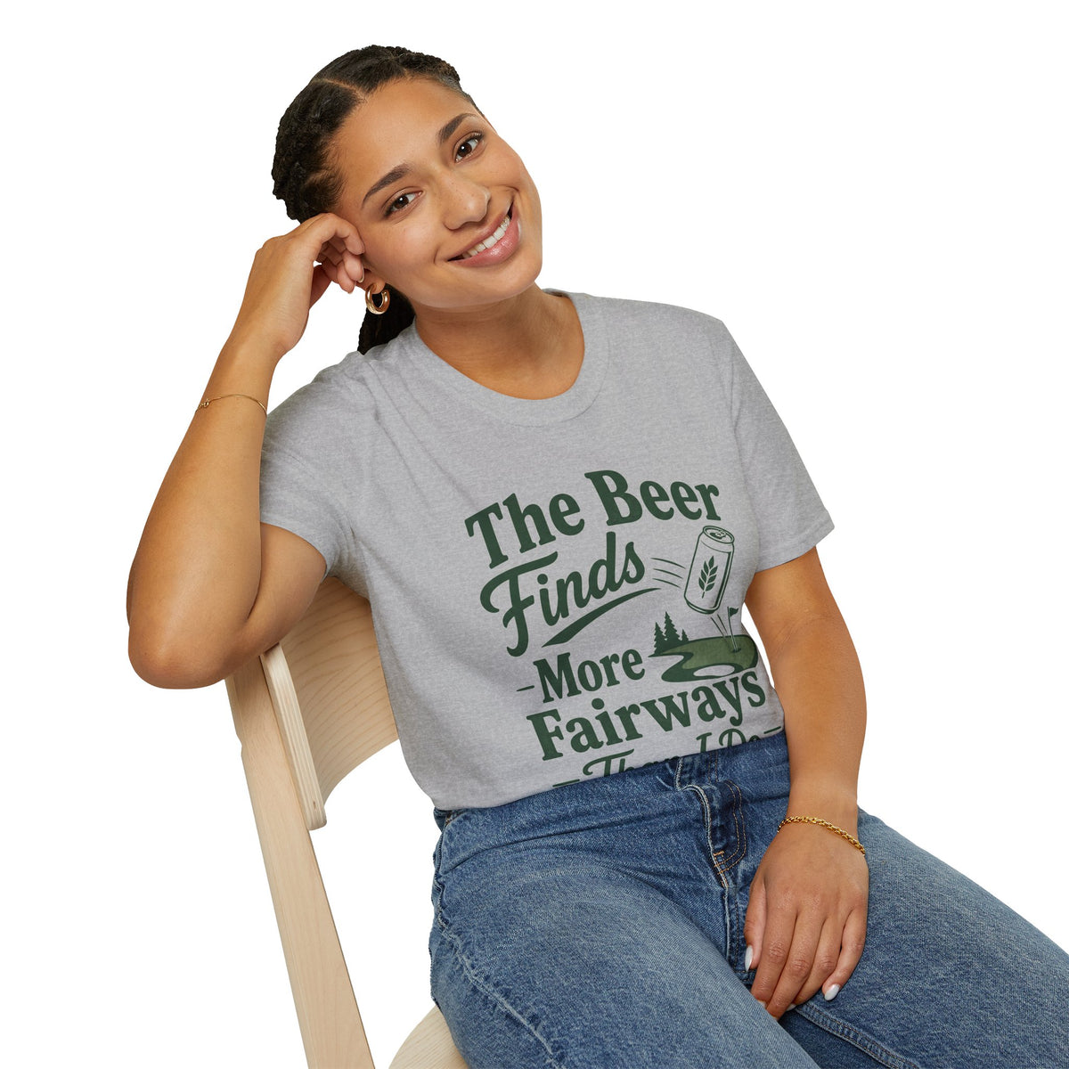 The Beer Finds More Fairways Shirt, Sport Grey, worn by a model seated on a wooden chair