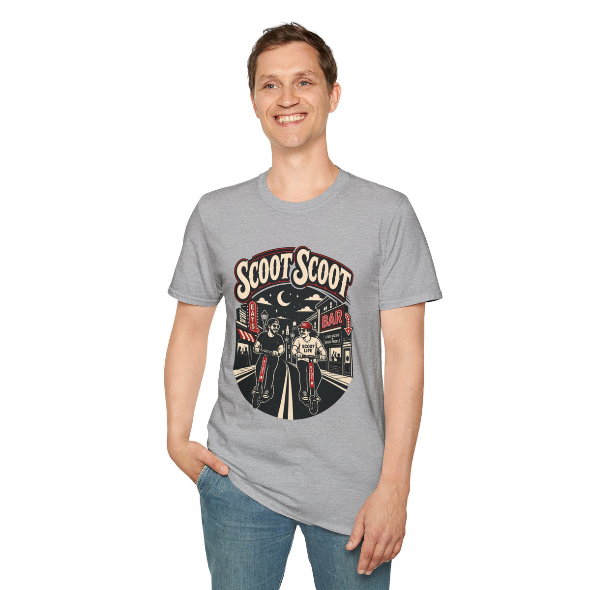 Scoot Scoot Shirt, Sport Grey, worn by a standing model with one hand in their pocket