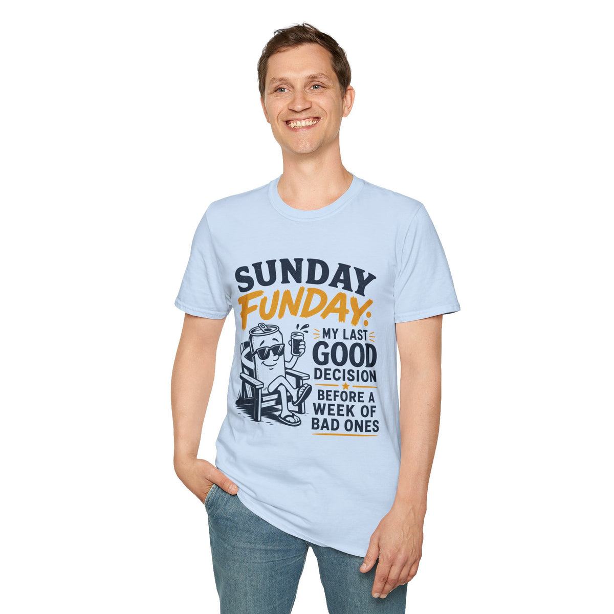 Sunday Funday Shirt, Light Blue, worn by a standing model with one hand in their pocket