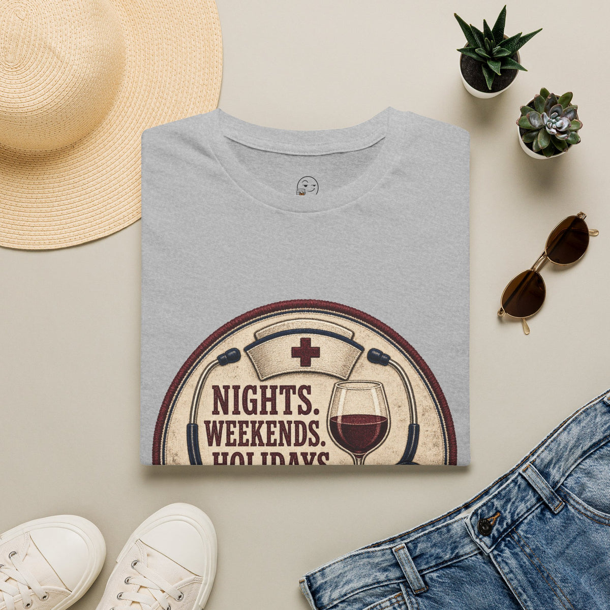 Nights, Weekends, Holidays Shirt, Sport Grey, folded flat lay styled with a straw hat, sunglasses, sneakers and denim