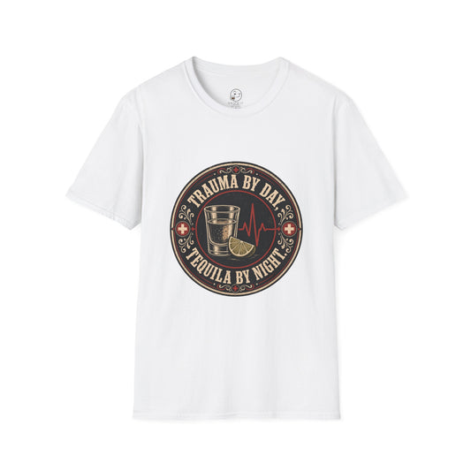 Trauma by Day, Tequila by Night Shirt, White, front flat lay