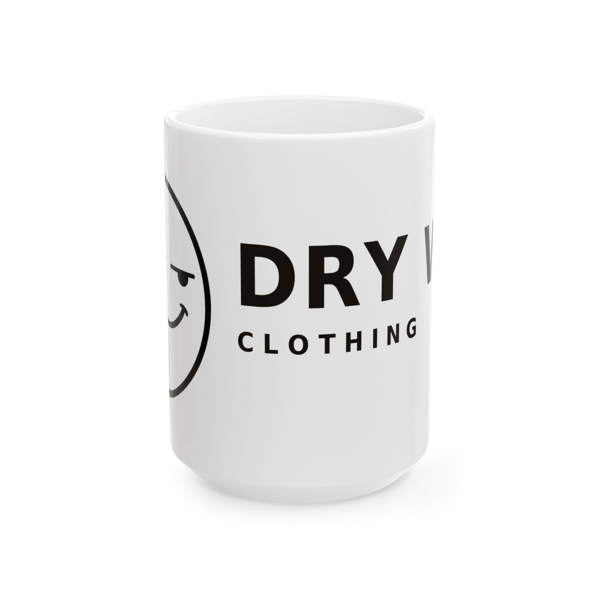 Dry Wit Logo Mug, white ceramic 15 oz, front view with the handle turned out of sight showing the winking emoji logo and DRY WIT CLOTHING wordmark