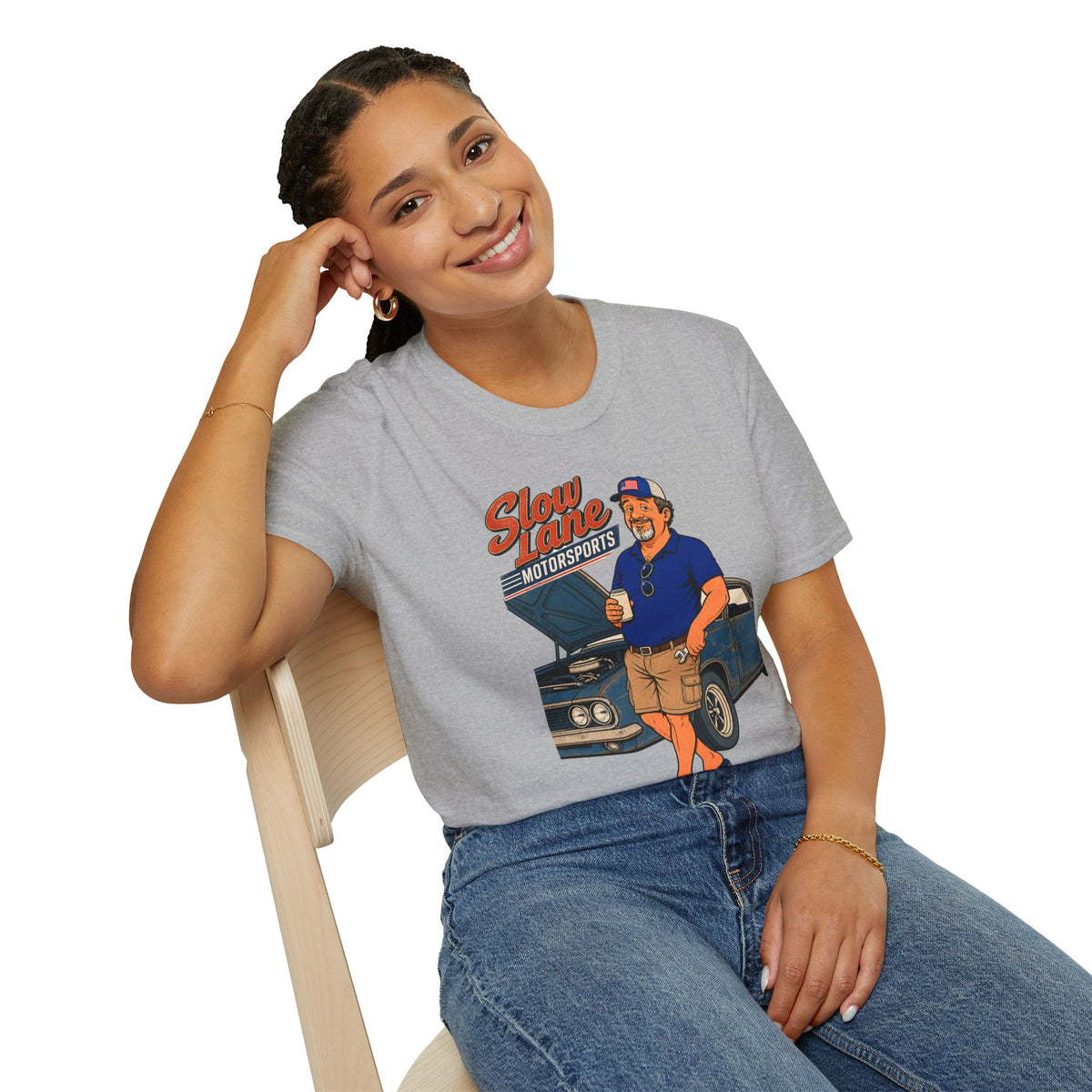 Slow Lane Motorsports Shirt, Sport Grey, worn by a model seated on a wooden chair