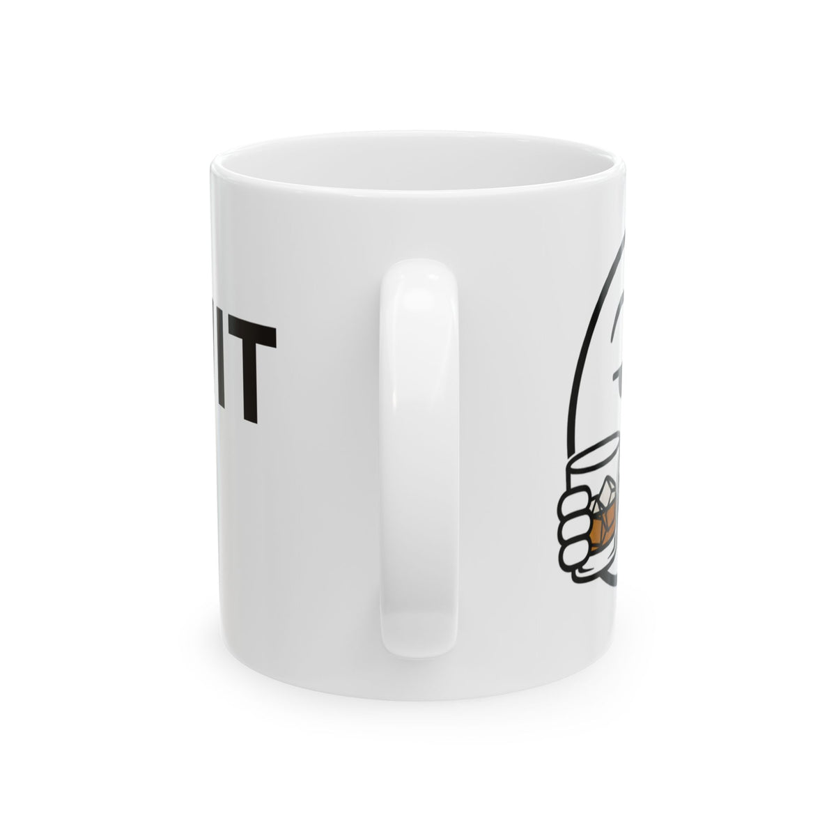 Dry Wit Logo Mug, white ceramic 11 oz, rear view with the handle centred toward the viewer and the design wrapping around both sides