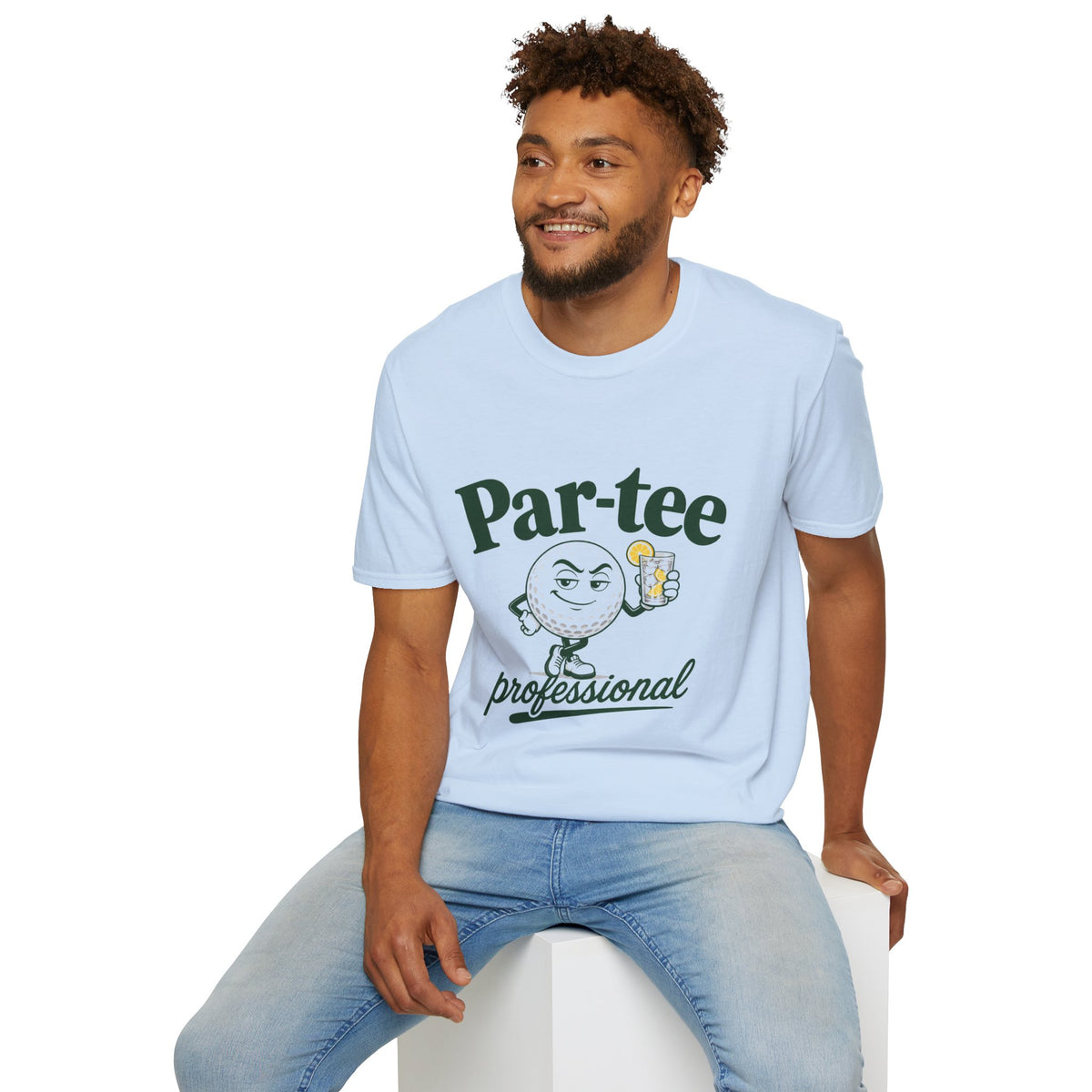 Par-Tee Professional Shirt, Light Blue, worn by a model seated on a white block