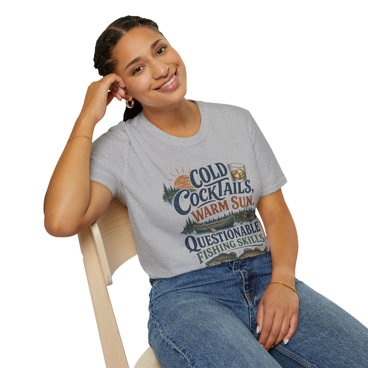 Cold Cocktails, Warm Sun Shirt, Sport Grey, worn by a model seated on a wooden chair