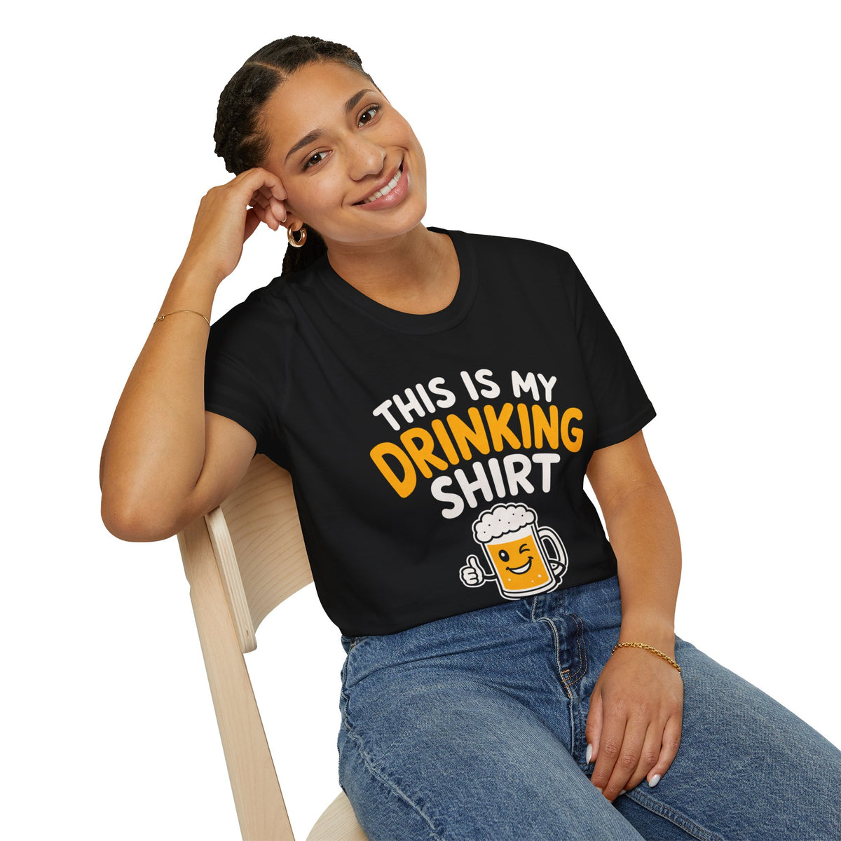 This Is My Drinking Shirt, Black, worn by a model seated on a wooden chair