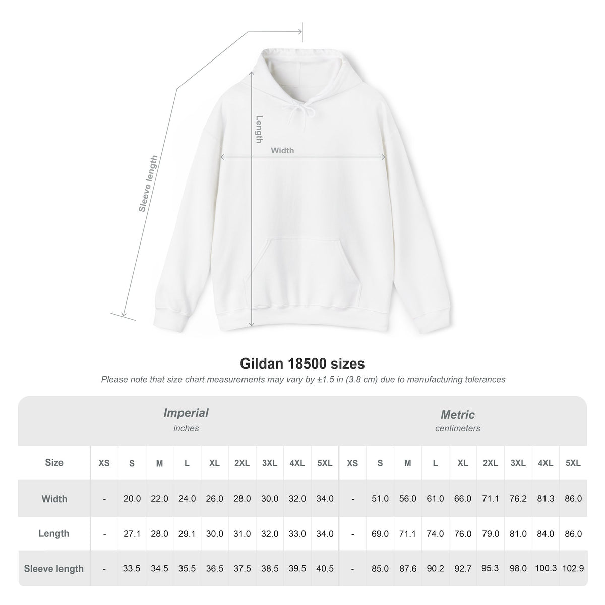 Gildan 18500 unisex hoodie size chart for the Golf Widow Hoodie, listing width, length and sleeve length in inches and centimeters for sizes S through 5XL