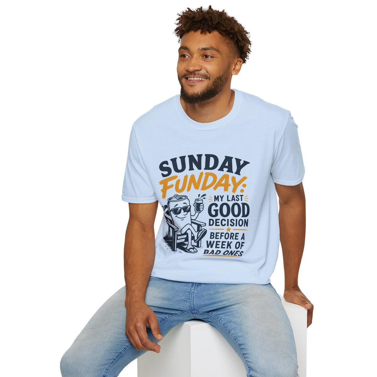 Sunday Funday Shirt, Light Blue, worn by a model seated on a white block