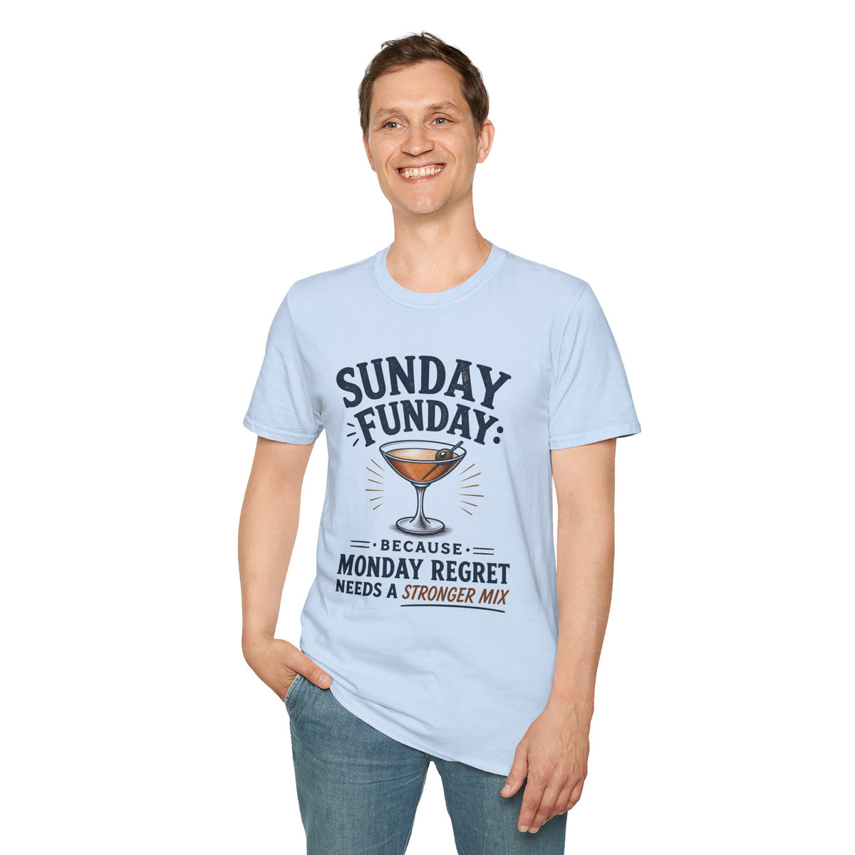 Sunday Funday Shirt, Light Blue, worn by a standing model with one hand in their pocket