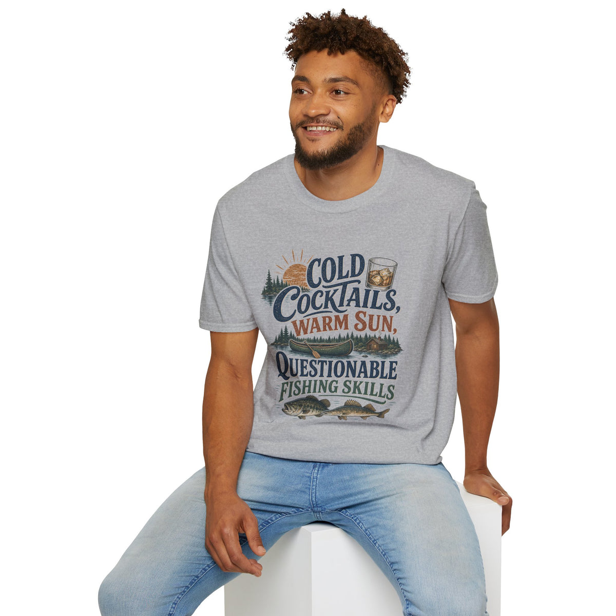 Cold Cocktails, Warm Sun Shirt, Sport Grey, worn by a model seated on a white block