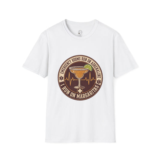 Emergency Rooms Run on Adrenaline Shirt, White, front flat lay
