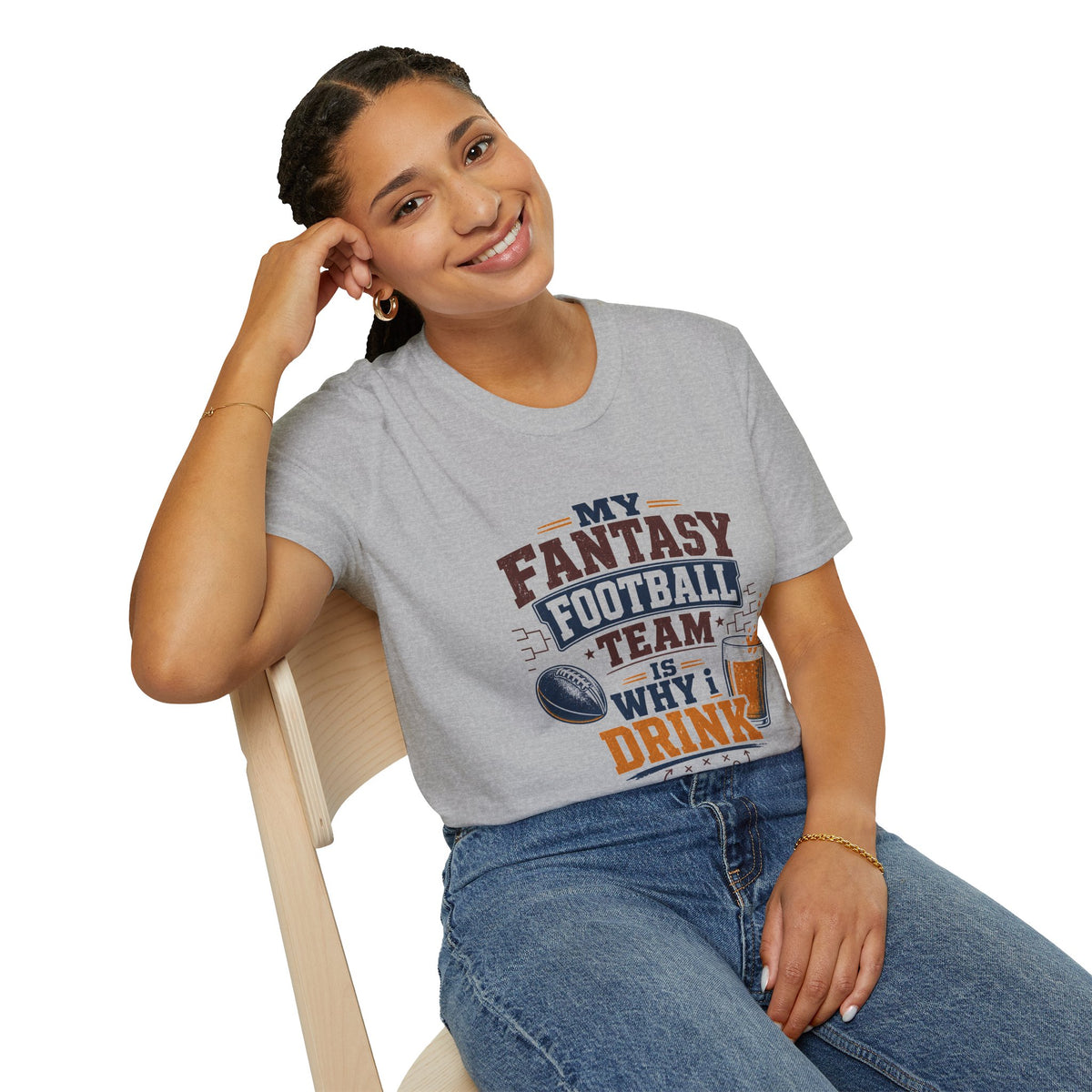 My Team Is Why I Drink Every Sunday Shirt, Sport Grey, worn by a model seated on a wooden chair