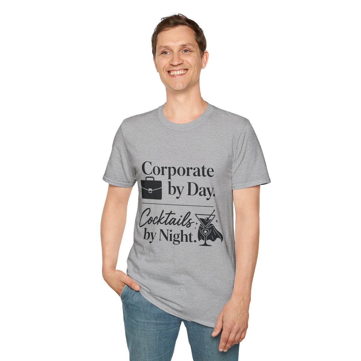 Corporate by Day, Cocktails by Night Shirt, Sport Grey, worn by a standing model with one hand in their pocket