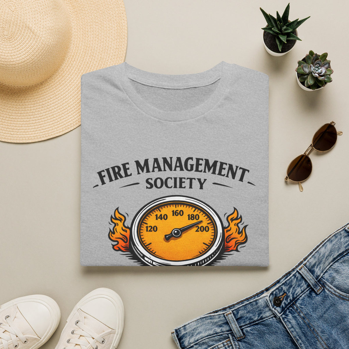 Fire Management Society Shirt, Sport Grey, folded flat lay styled with a straw hat, sunglasses, sneakers and denim