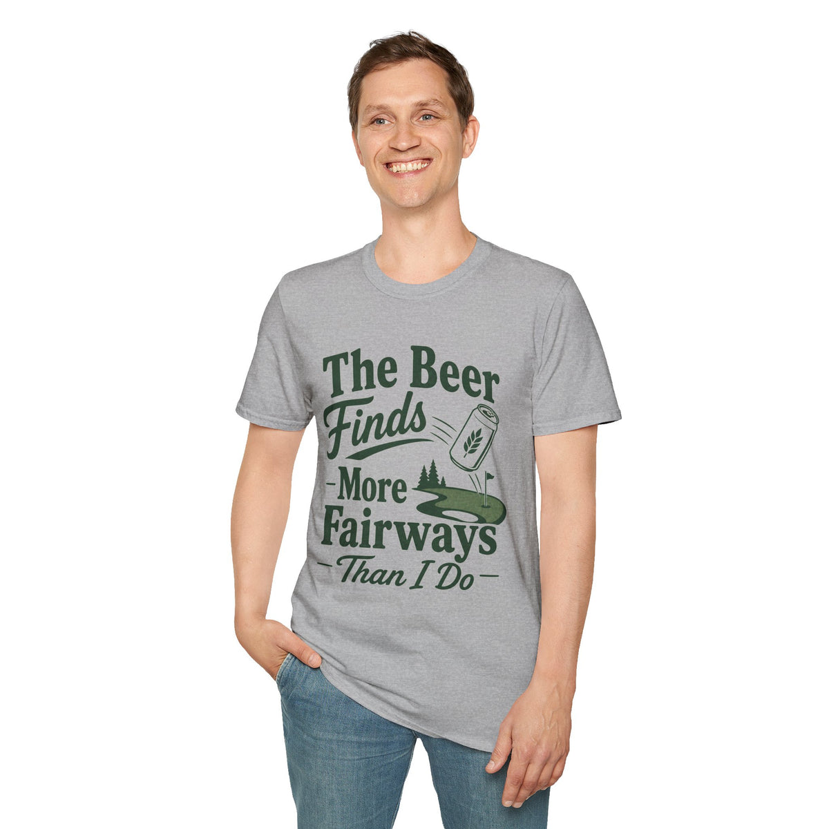 The Beer Finds More Fairways Shirt, Sport Grey, worn by a standing model with one hand in their pocket
