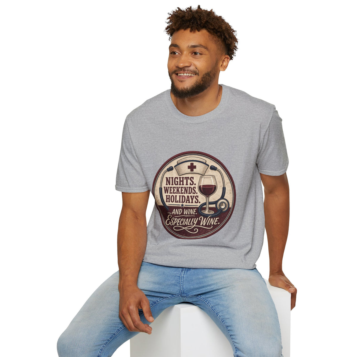 Nights, Weekends, Holidays Shirt, Sport Grey, worn by a model seated on a white block