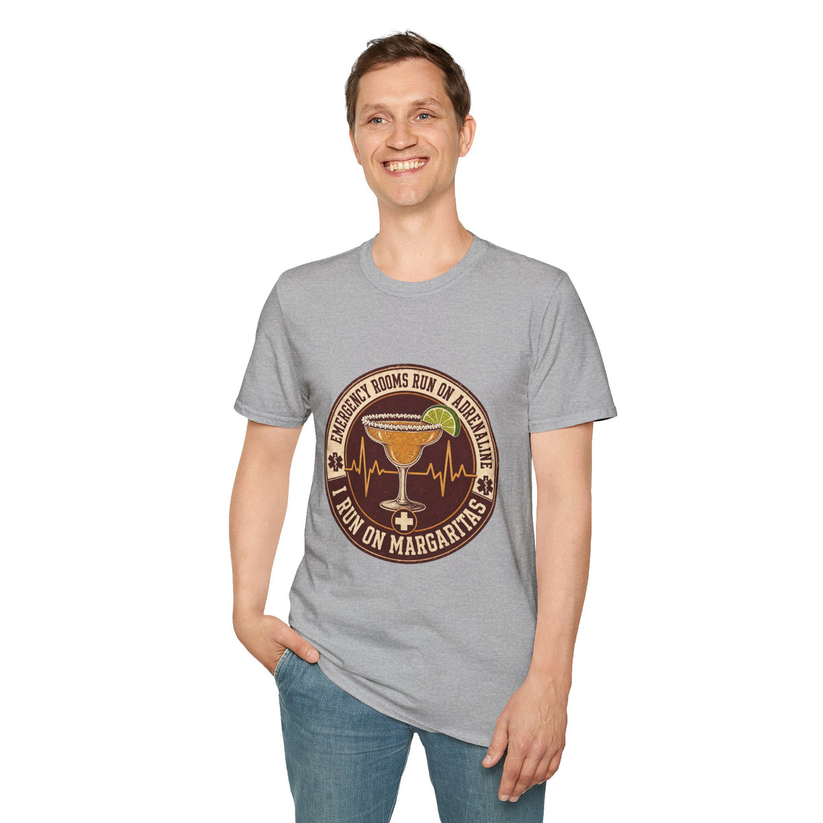 Emergency Rooms Run on Adrenaline Shirt, Sport Grey, worn by a standing model with one hand in their pocket