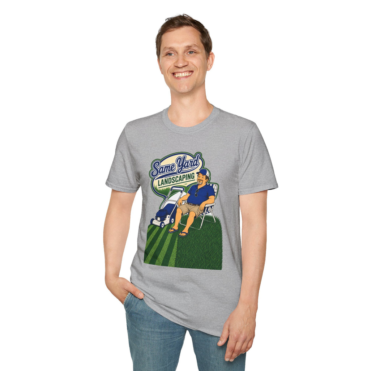 Same Yard Landscaping Shirt, Sport Grey, worn by a standing model with one hand in their pocket