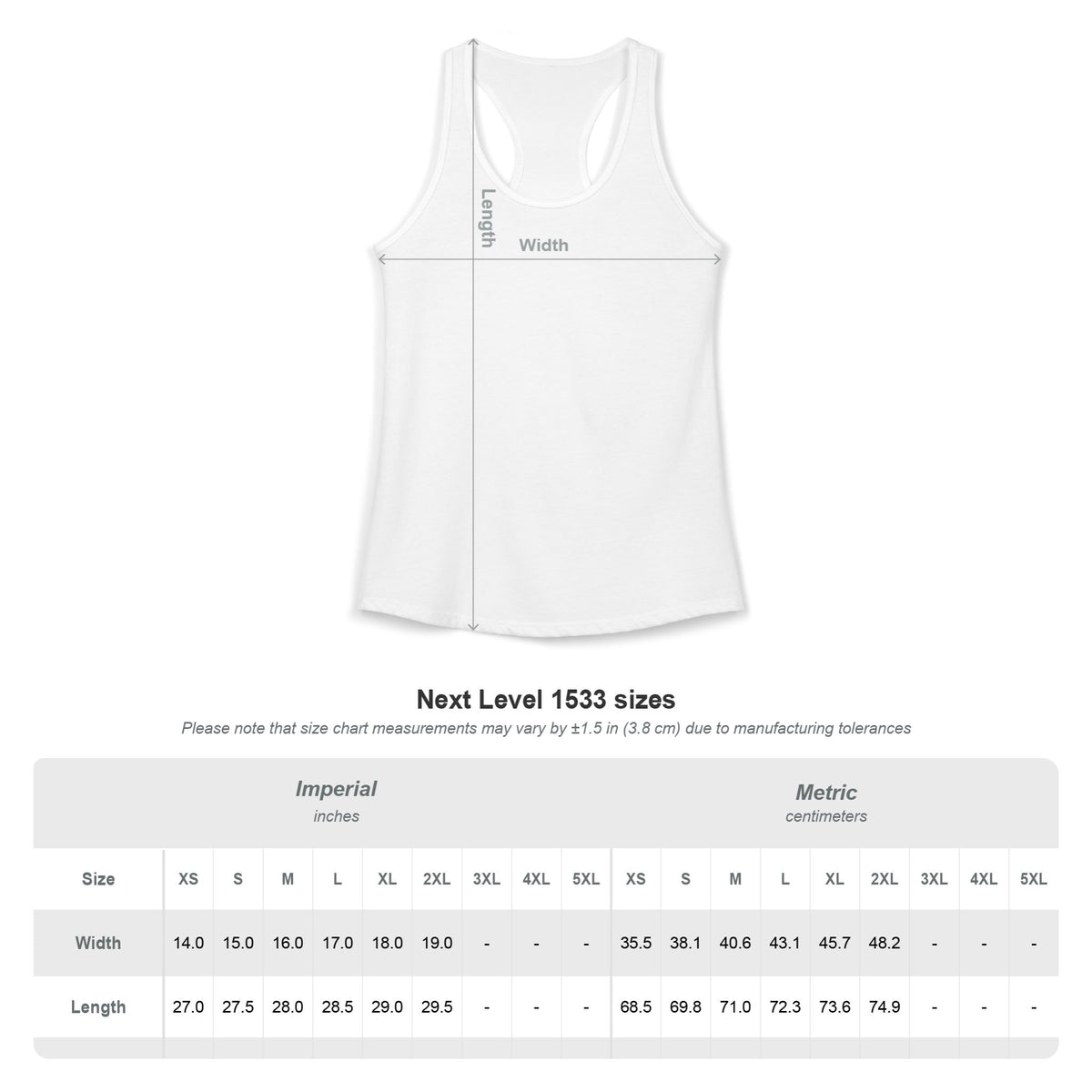 Next Level 1533 women's racerback tank size chart for the One Alcohol Please Tank, listing width and length in inches and centimeters for sizes XS through 2XL