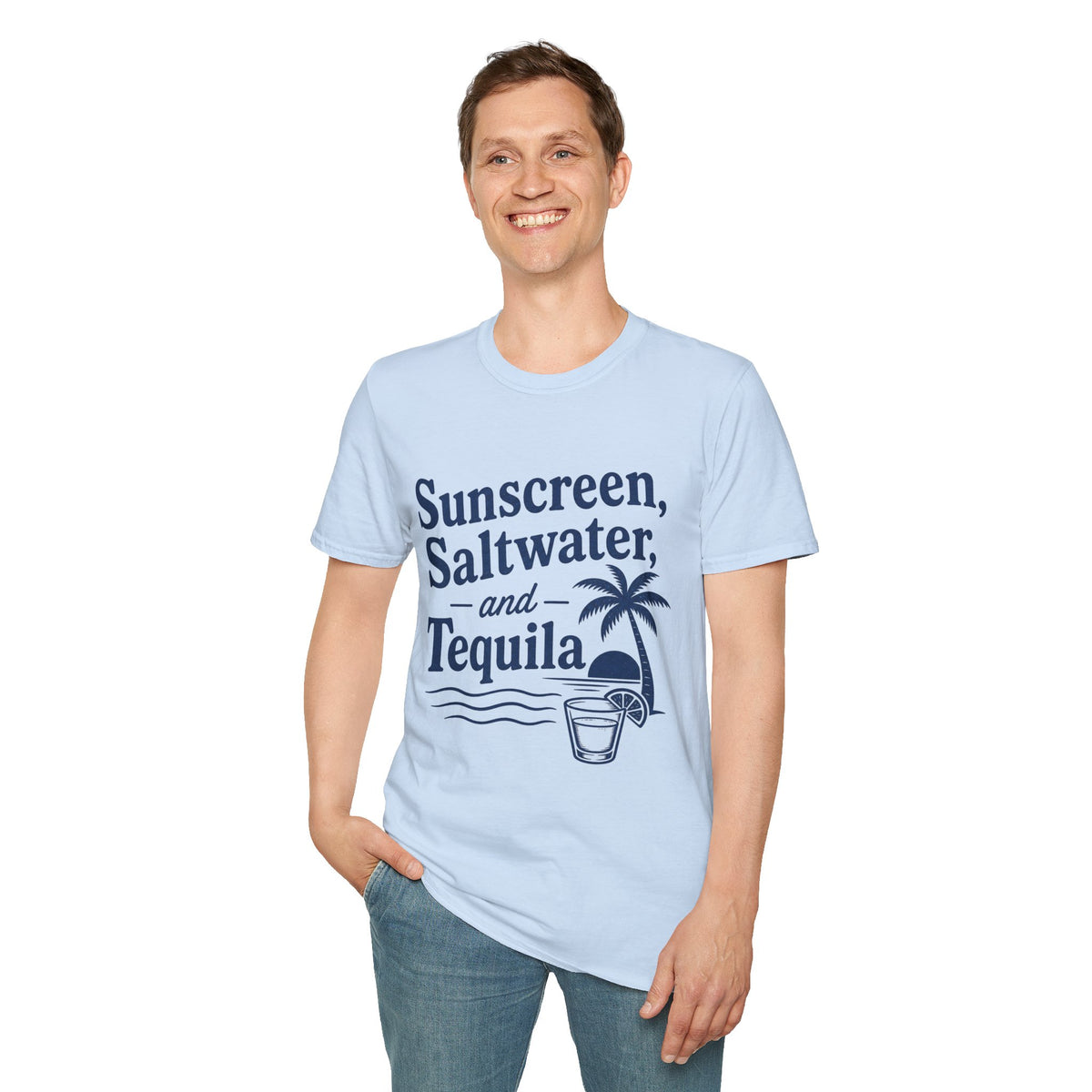 Sunscreen, Saltwater and Tequila Shirt, Light Blue, worn by a standing model with one hand in their pocket