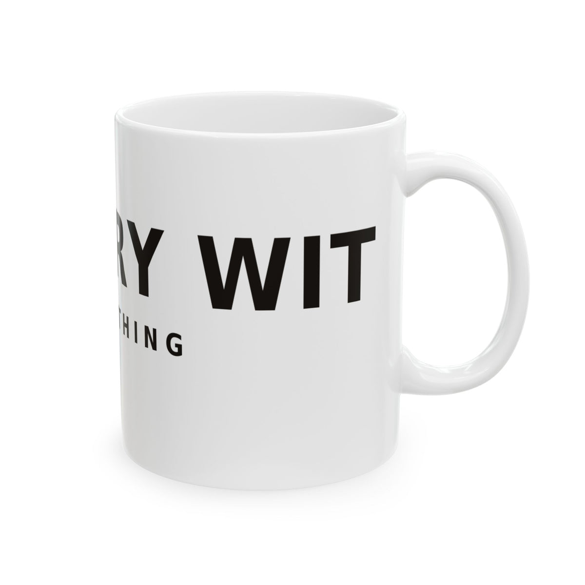 Dry Wit Logo Mug, white ceramic 11 oz, angled view with the handle on the right showing the DRY WIT CLOTHING wordmark