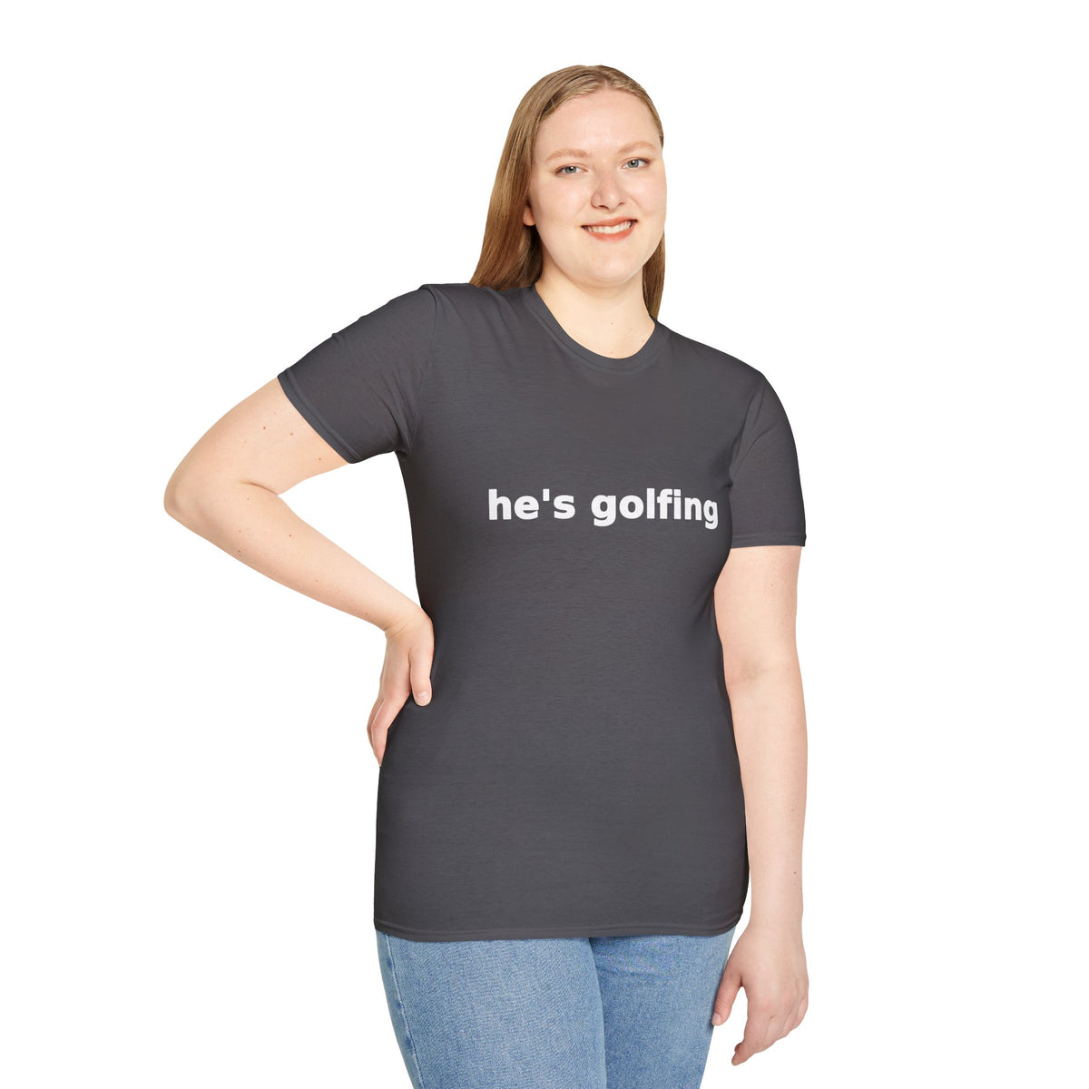 Golf Widow Shirt, Charcoal grey, worn by a standing model with a hand on their hip