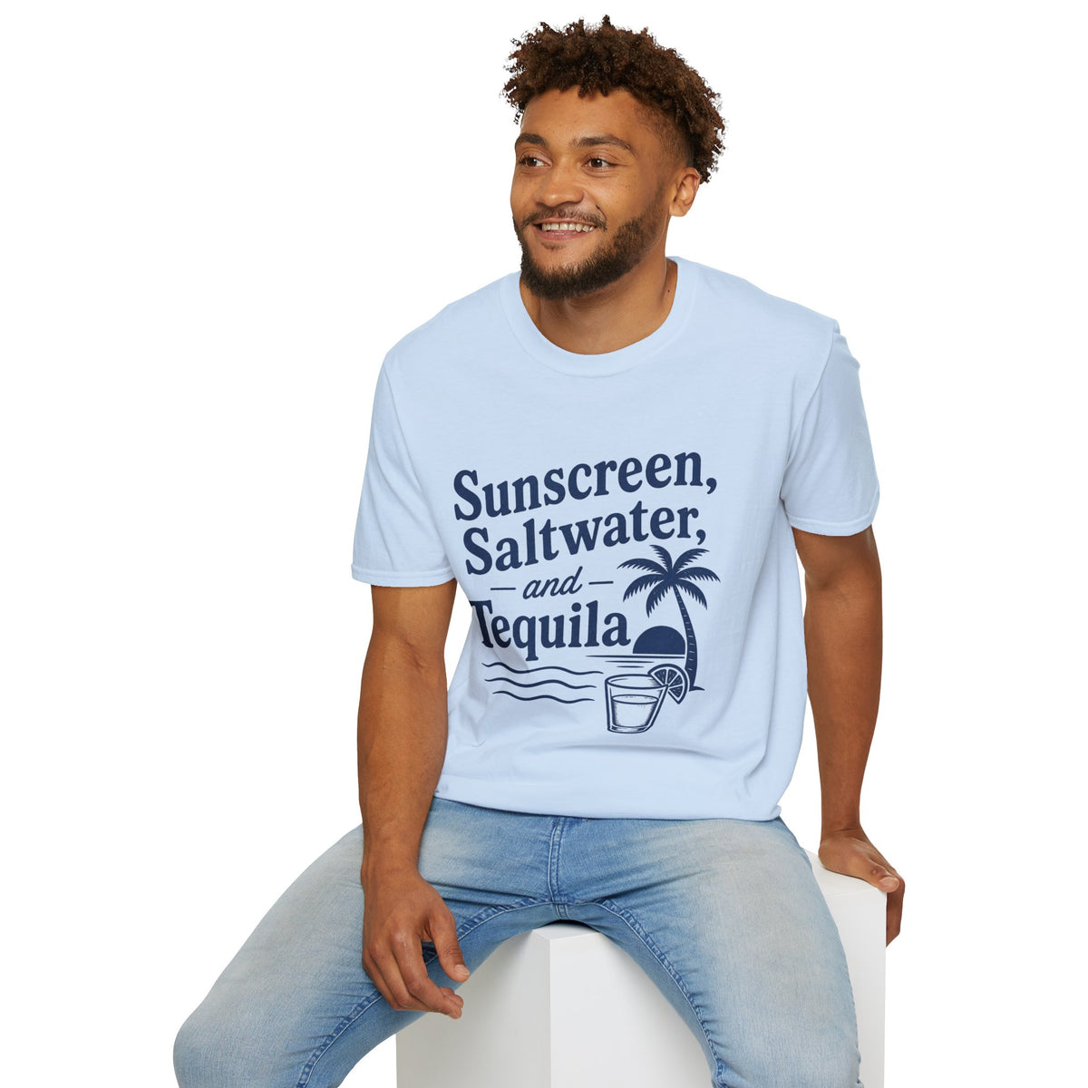 Sunscreen, Saltwater and Tequila Shirt, Light Blue, worn by a model seated on a white block