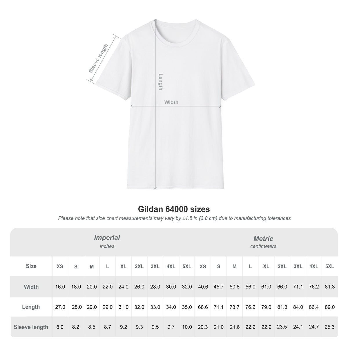 Gildan 64000 unisex t-shirt size chart for the Performance Review Pending Shirt, listing width, length and sleeve length in inches and centimeters for sizes XS through 5XL