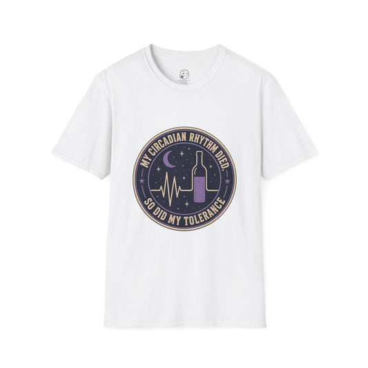 My Circadian Rhythm Died Shirt, White, front flat lay