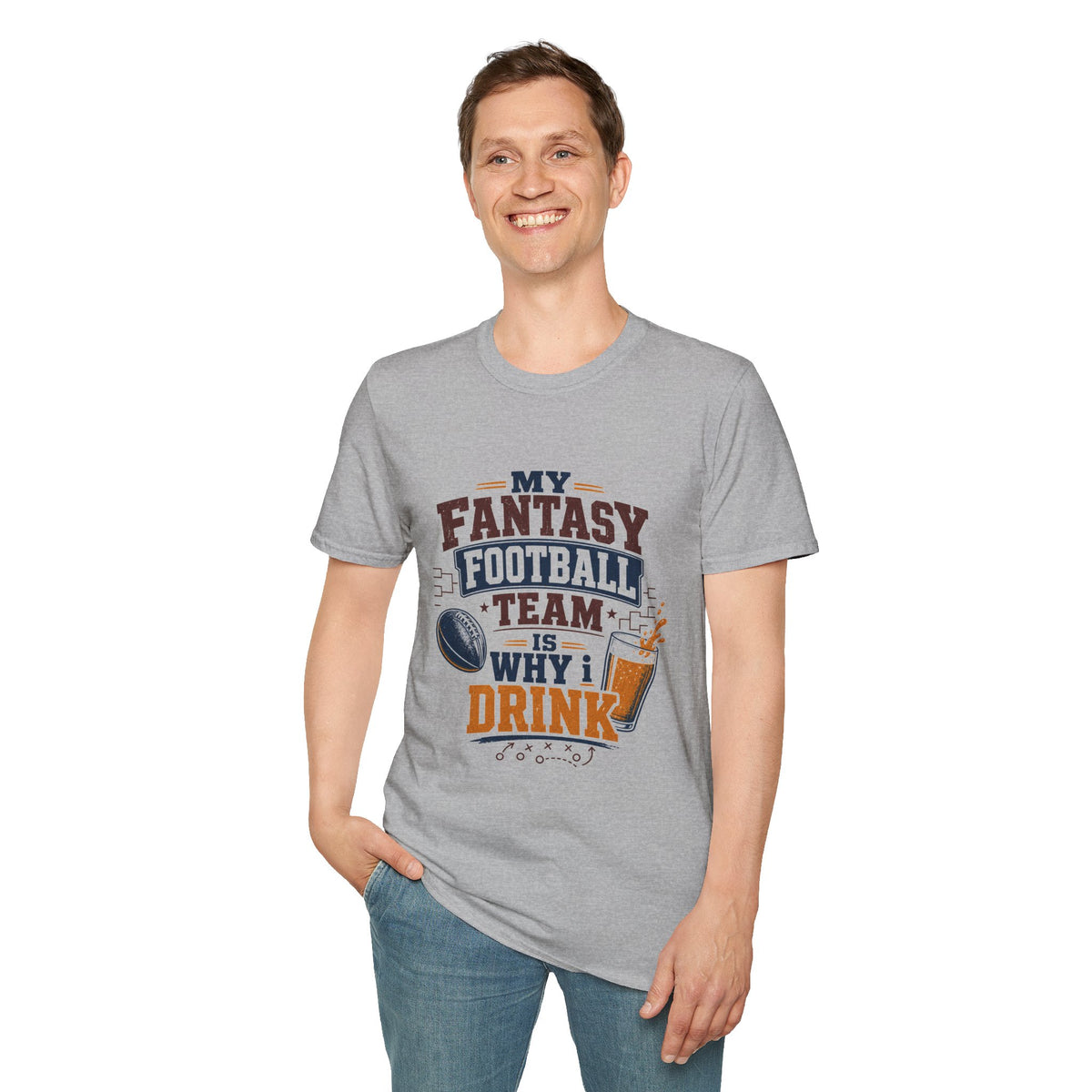 My Team Is Why I Drink Every Sunday Shirt, Sport Grey, worn by a standing model with one hand in their pocket