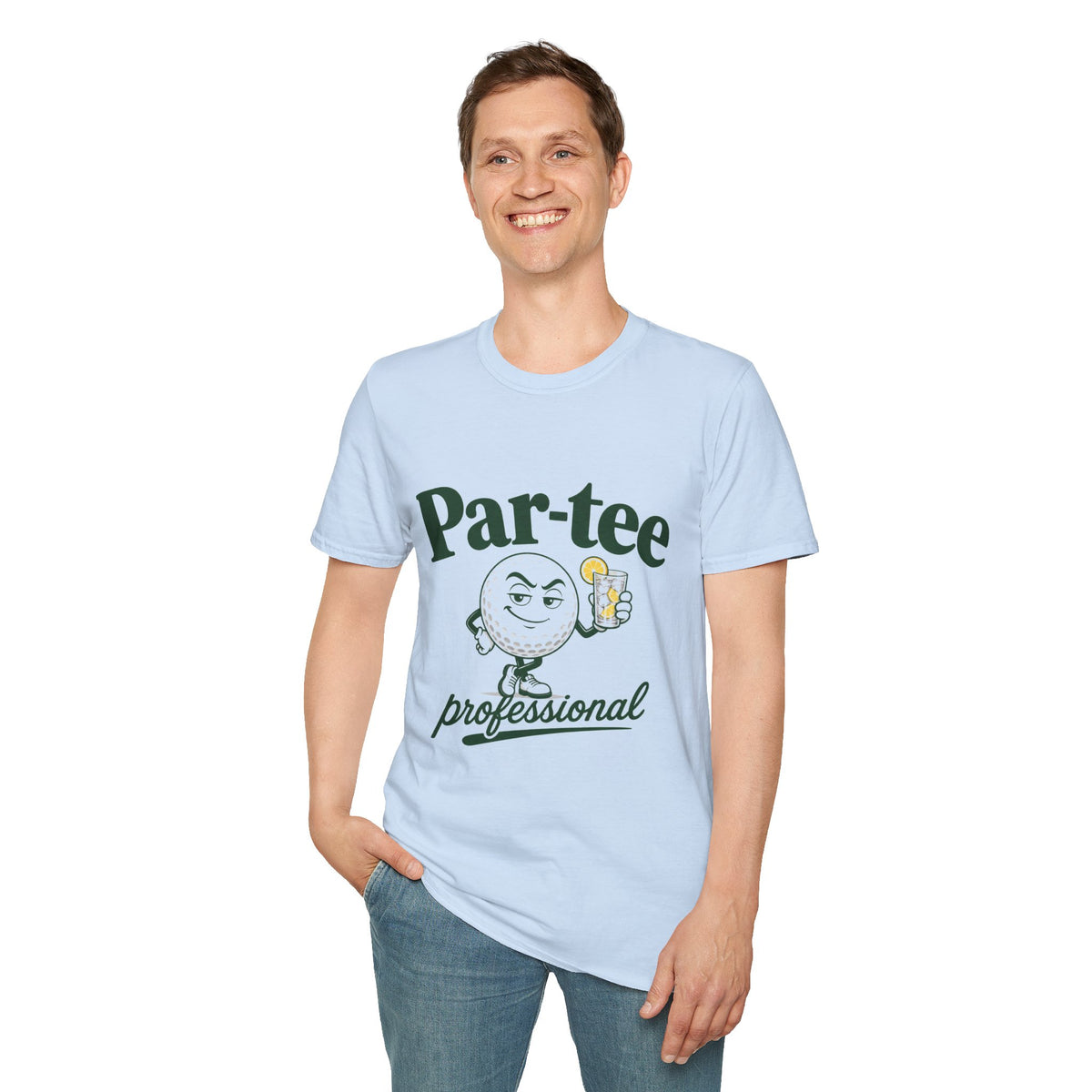 Par-Tee Professional Shirt, Light Blue, worn by a standing model with one hand in their pocket