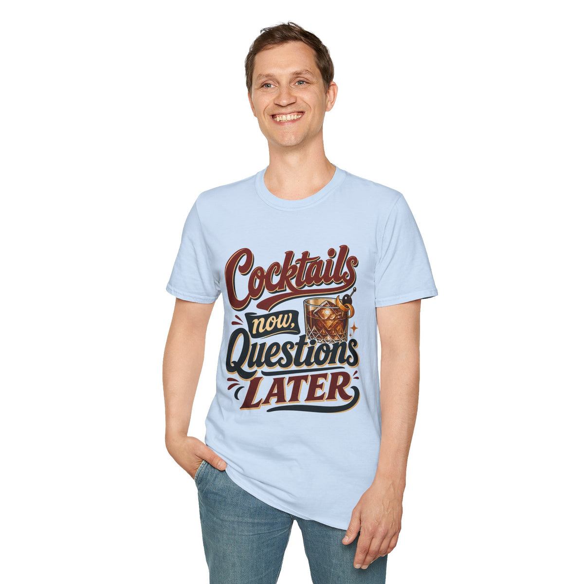 Cocktails Now, Questions Later Shirt, Light Blue, worn by a standing model with one hand in their pocket