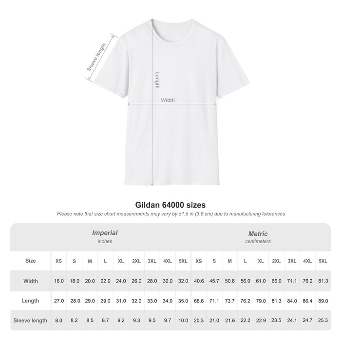 Gildan 64000 unisex t-shirt size chart for the Powered by Caffeine Sponsored by Bourbon Shirt, listing width, length and sleeve length in inches and centimeters for sizes XS through 5XL