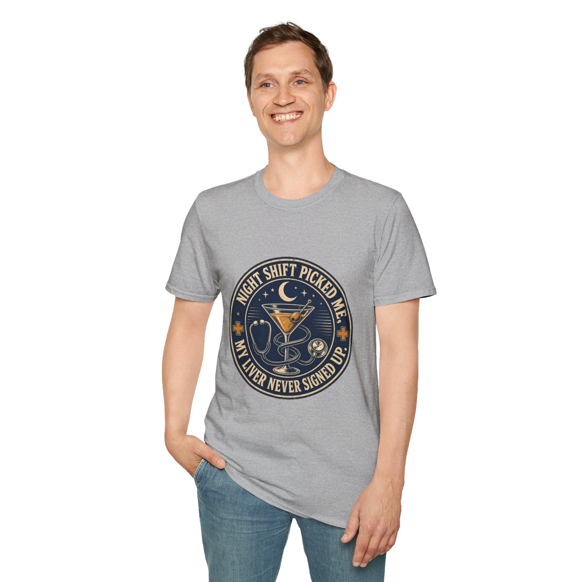 Night Shift Picked Me Shirt, Sport Grey, worn by a standing model with one hand in their pocket
