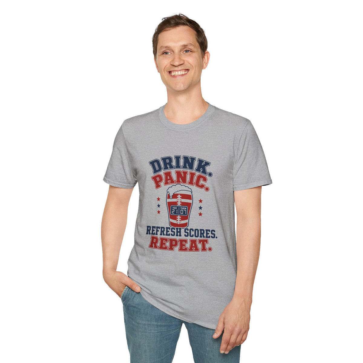 Drink Panic Refresh Scores Repeat Shirt, Sport Grey, worn by a standing model with one hand in their pocket